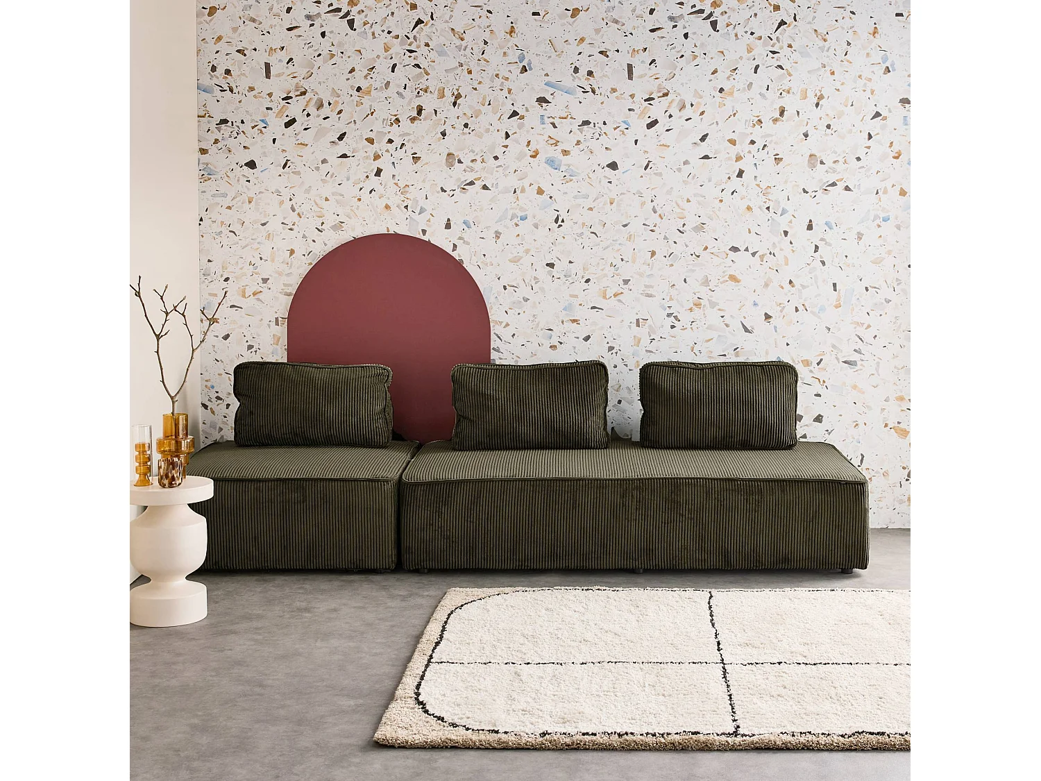 Sofá modular de pana, 3 plazas verde oscuro