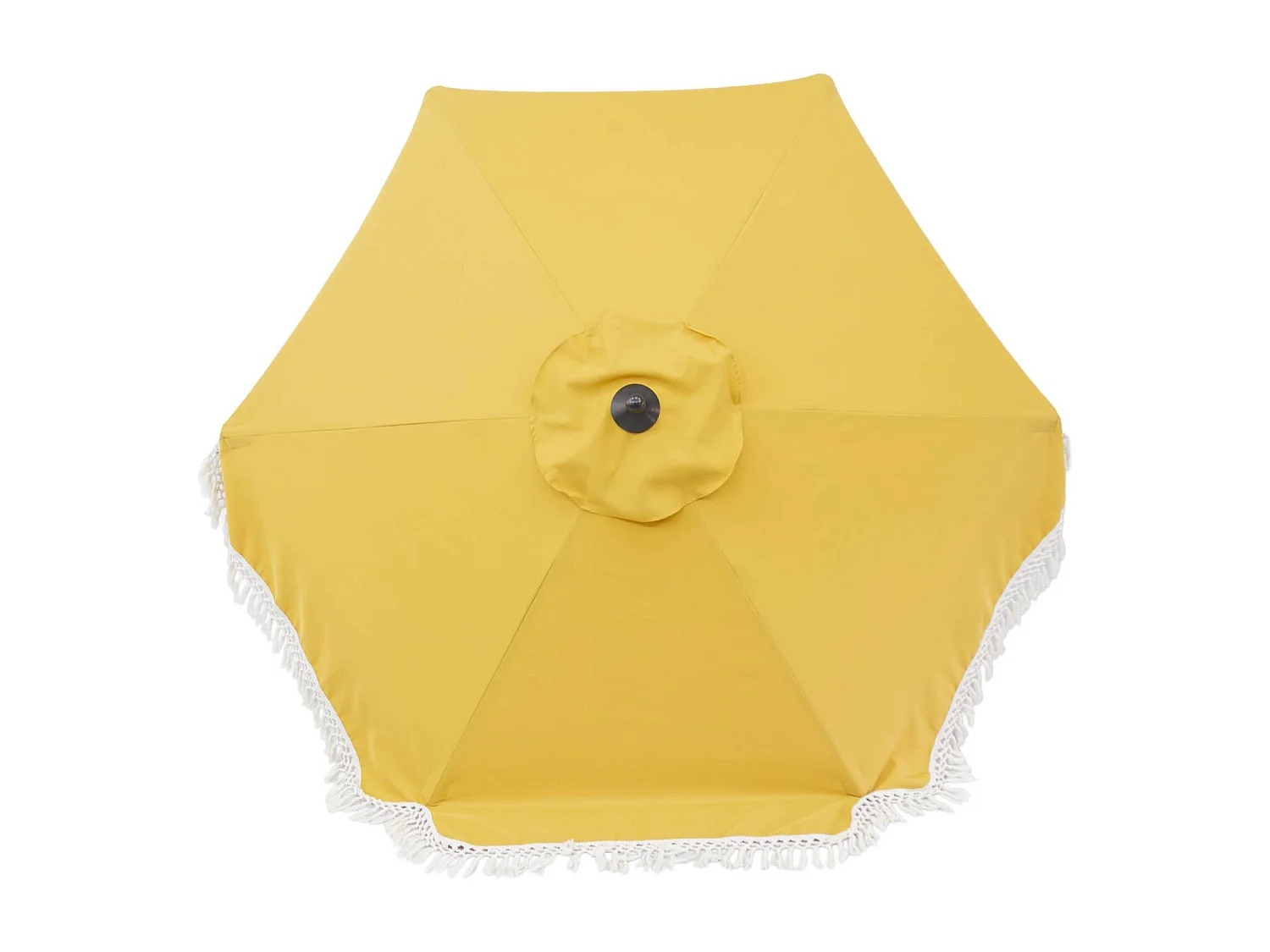 Parasol HOSSEGOR droit à franges 2m. ocre. acier. mât effet bois. UPF 30+. D 200 x H 225 cm