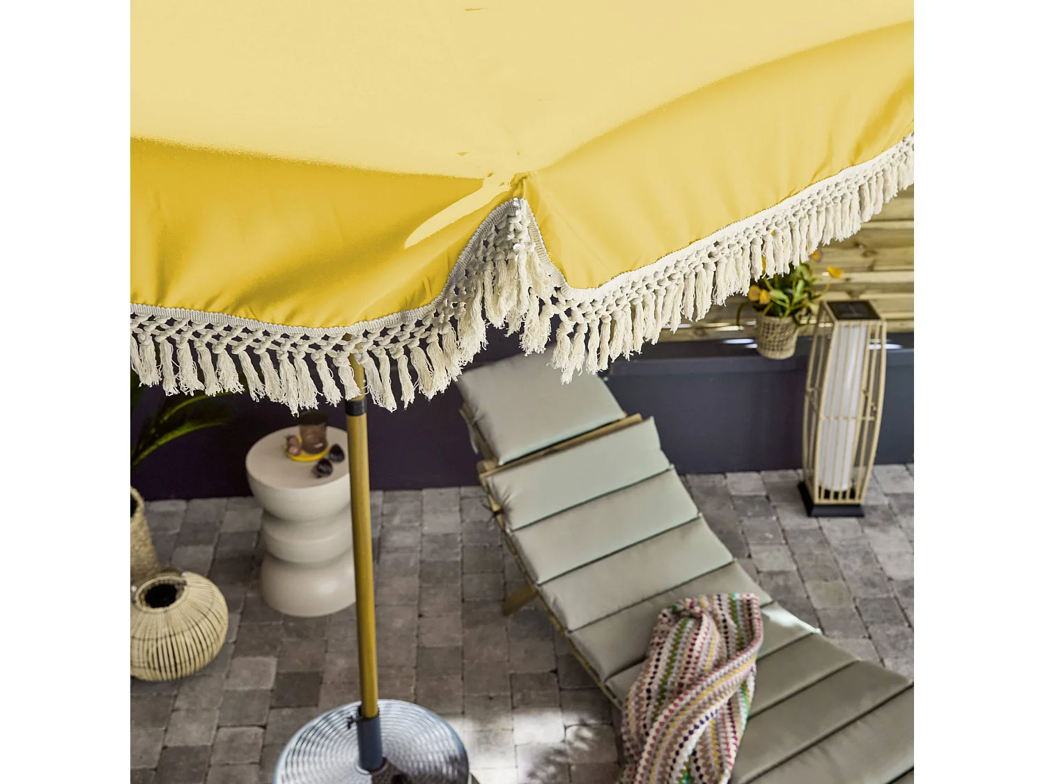 Parasol redondo recta con flecos, ø2m ocre