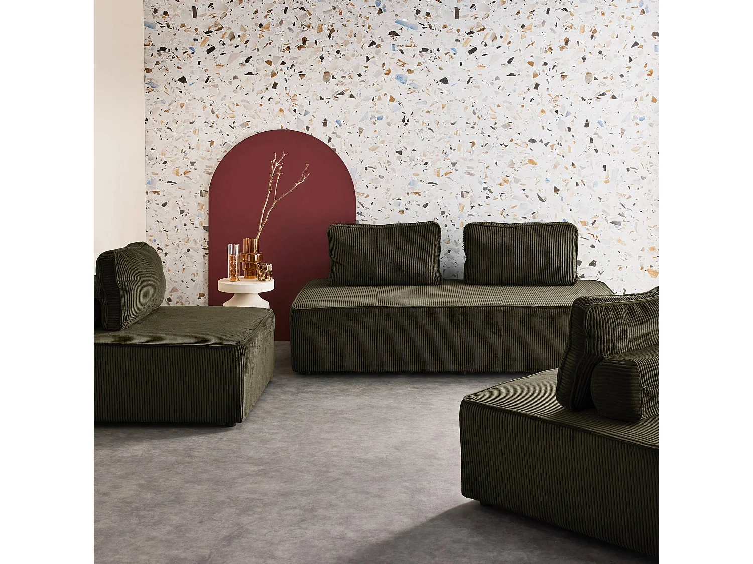 Sofá modular de pana, 4 plazas verde oscuro