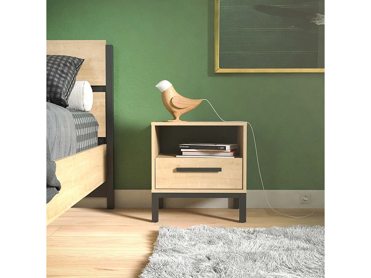 Table de chevet, table de nuit 1 niche 1 tiroir couleur chêne / noir mat - Largeur 44,6 x Profondeur 35,6 x Hauteur 47,4 cm