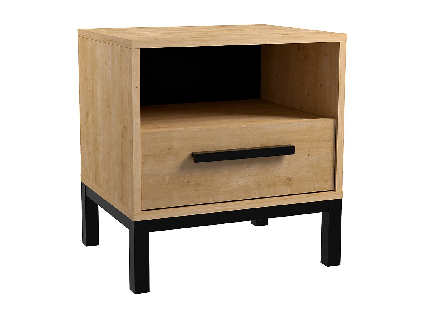 Table de chevet, table de nuit 1 niche 1 tiroir couleur chêne / noir mat - Largeur 44,6 x Profondeur 35,6 x Hauteur 47,4 cm