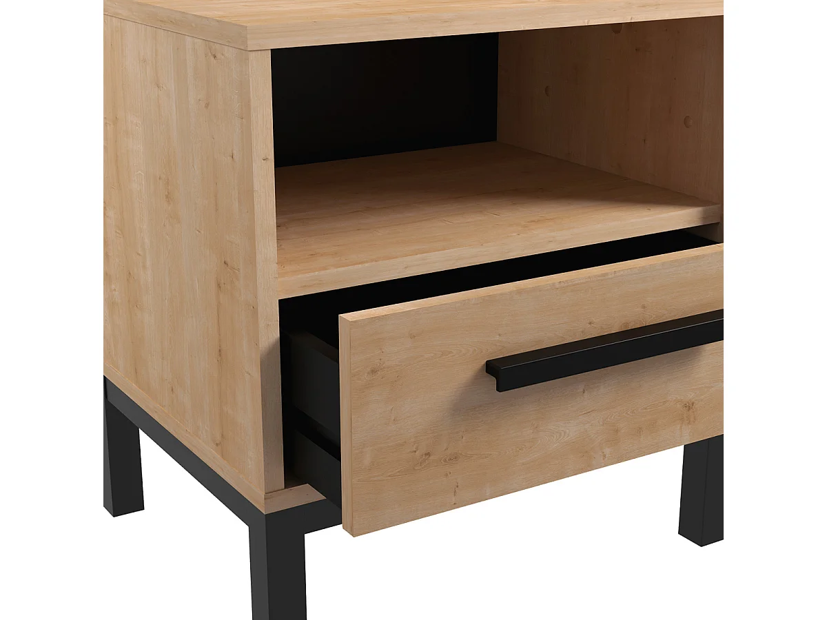 Table de chevet, table de nuit 1 niche 1 tiroir couleur chêne / noir mat - Largeur 44,6 x Profondeur 35,6 x Hauteur 47,4 cm