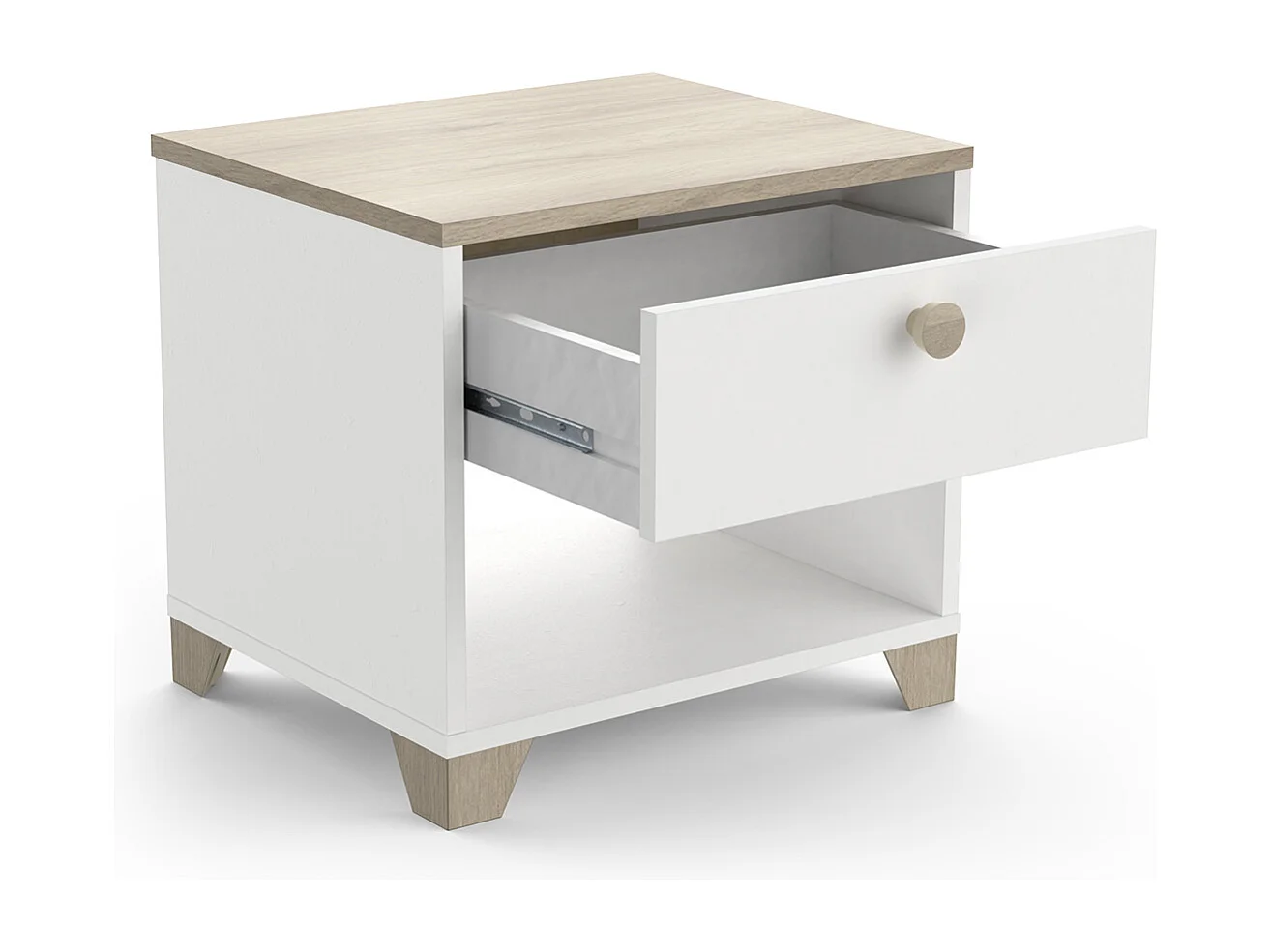 Table de chevet, table de nuit 1 tiroir couleur chêne / blanc mat - Largeur 43,2 x Profondeur 36,2 x Hauteur 39,7 cm
