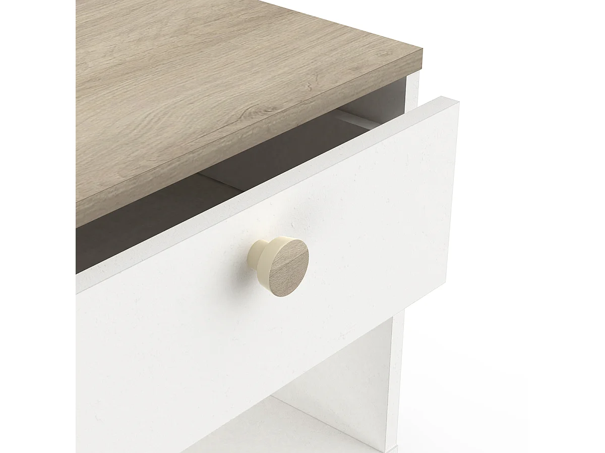 Table de chevet, table de nuit 1 tiroir couleur chêne / blanc mat - Largeur 43,2 x Profondeur 36,2 x Hauteur 39,7 cm
