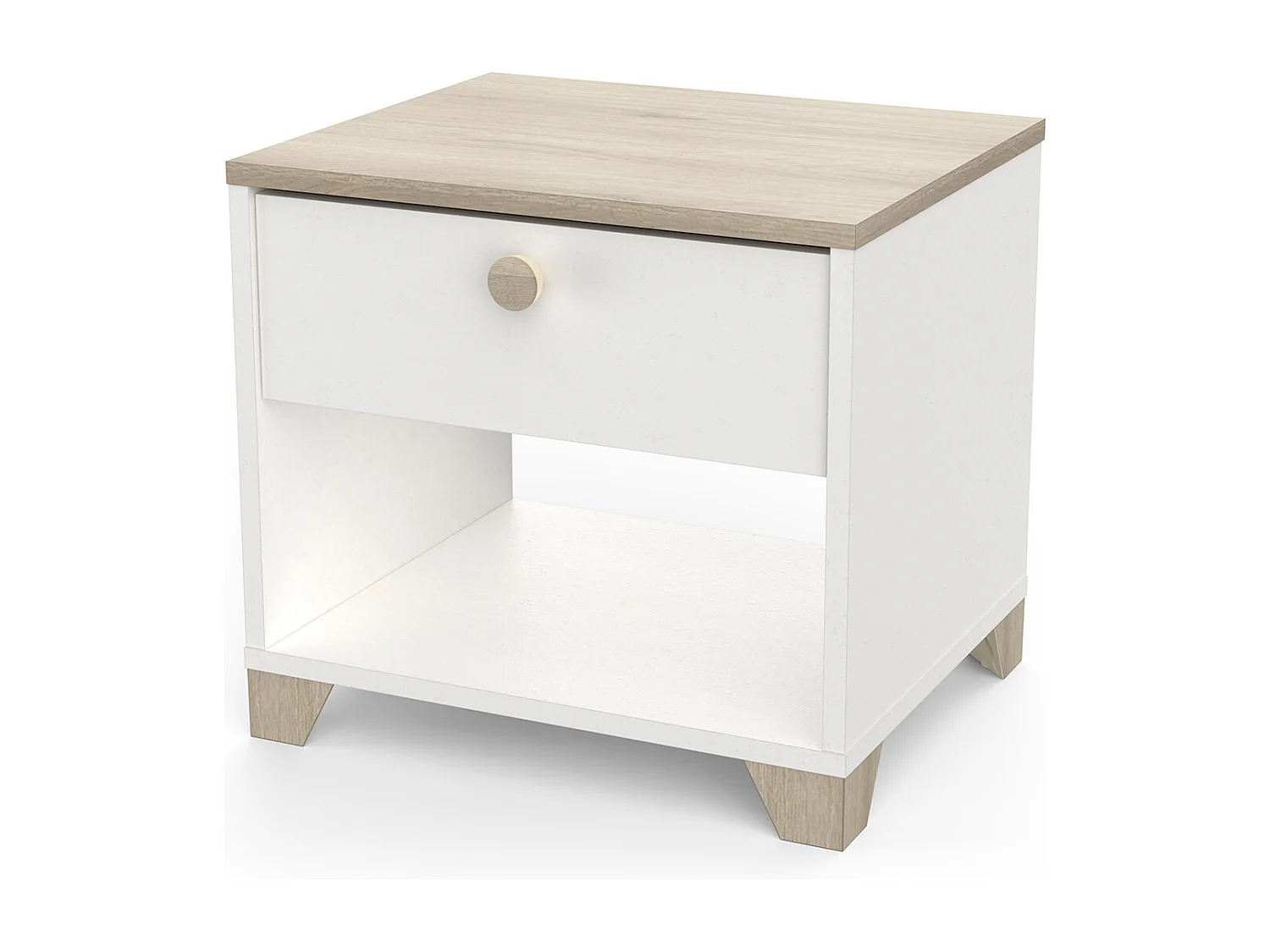 Table de chevet, table de nuit 1 tiroir couleur chêne / blanc mat - Largeur 43,2 x Profondeur 36,2 x Hauteur 39,7 cm