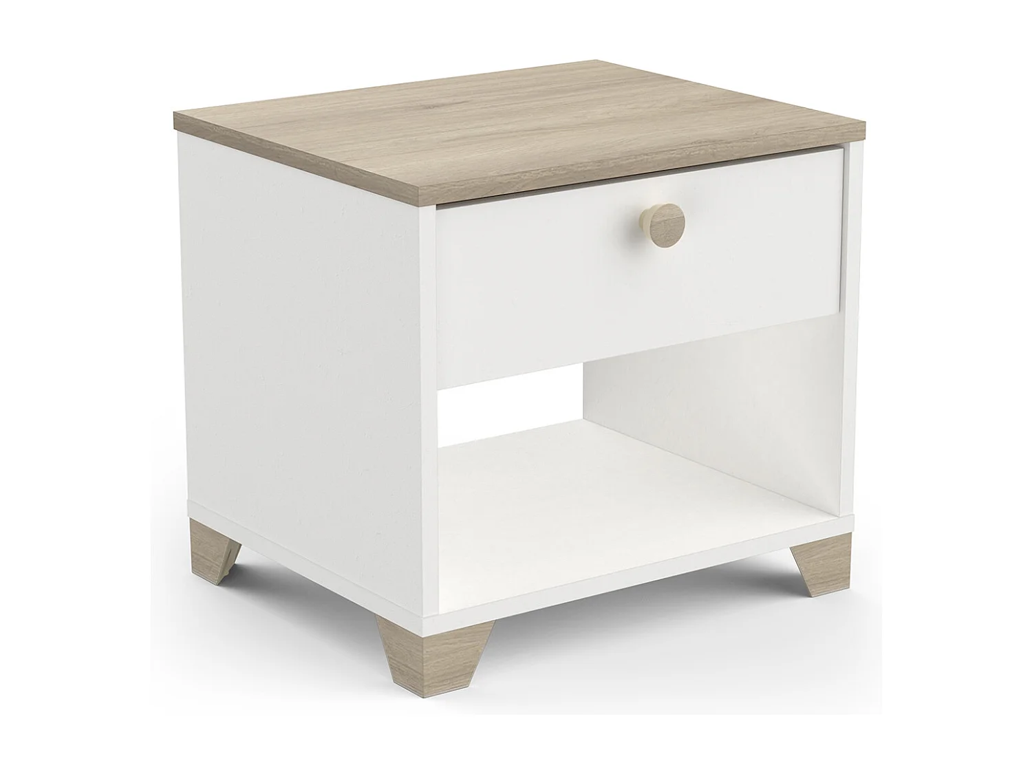Table de chevet, table de nuit 1 tiroir couleur chêne / blanc mat - Largeur 43,2 x Profondeur 36,2 x Hauteur 39,7 cm