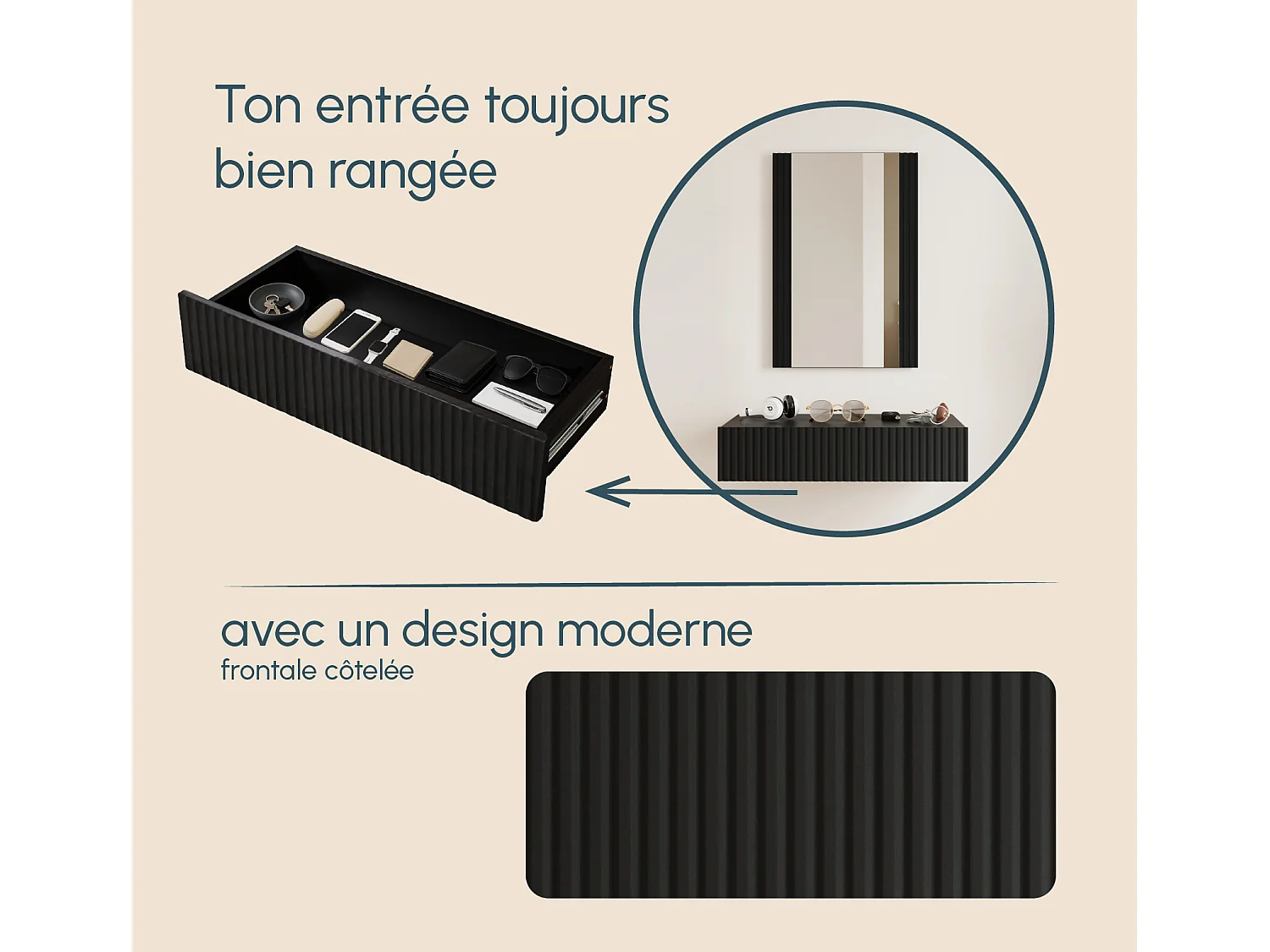 Meuble d'entrée pour Hall d'entrée Couloir en Noir 80x42x97cm Amira