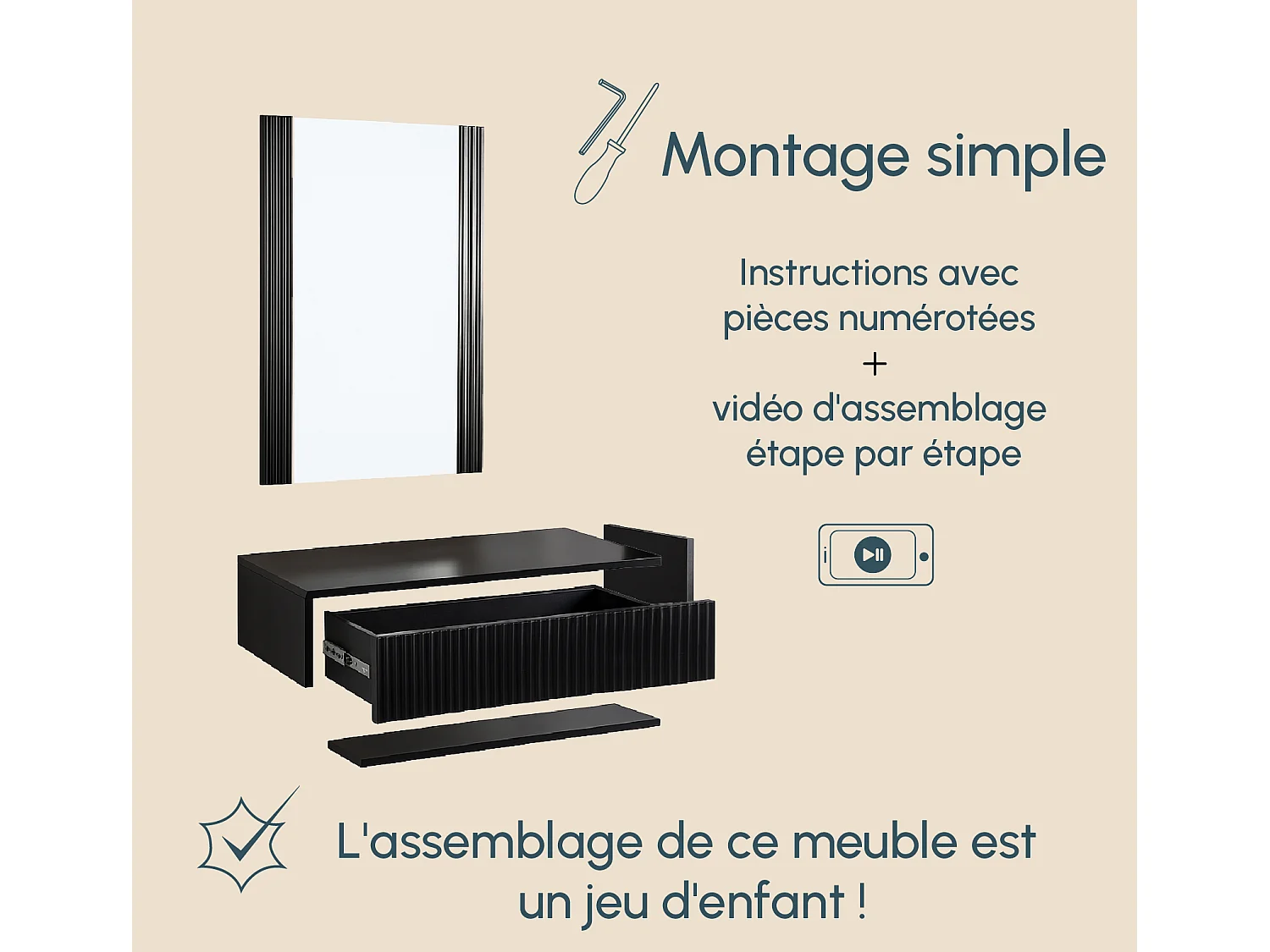 Meuble d'entrée pour Hall d'entrée Couloir en Noir 80x42x97cm Amira