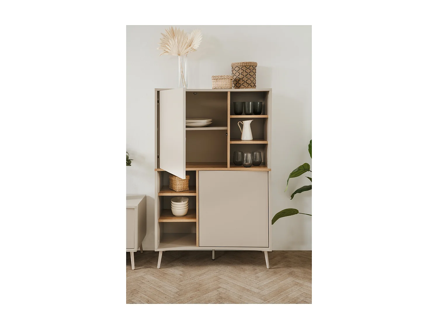 Buffet haut 2 portes 6 niches sable/effet bois Sinop