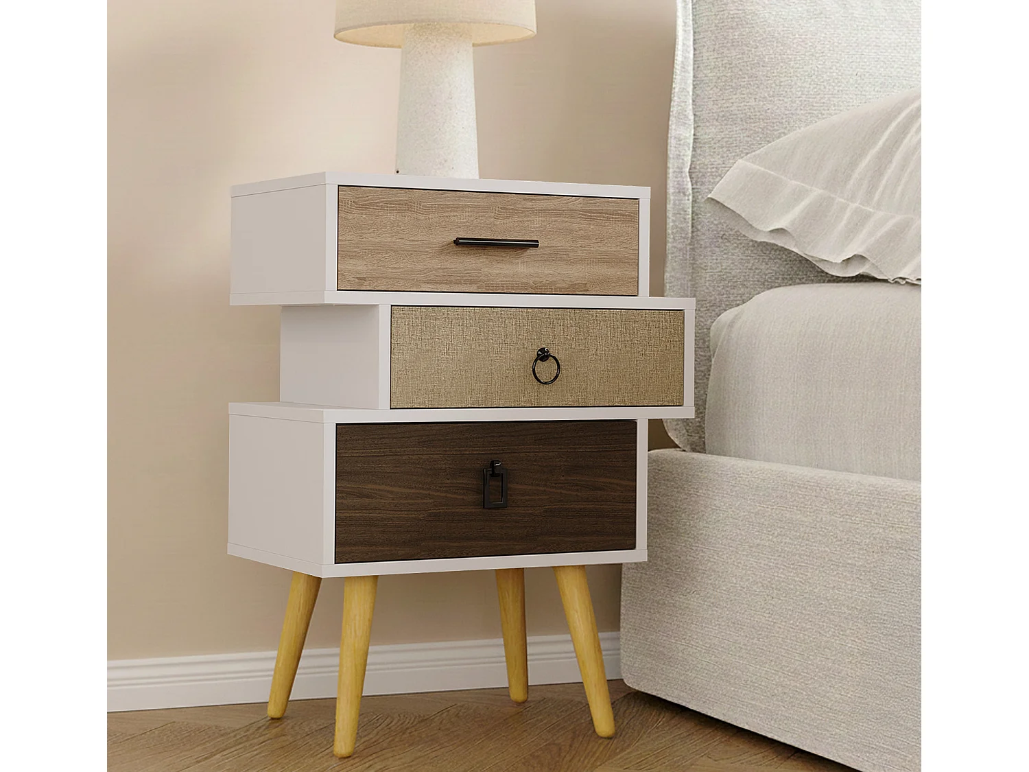 Table de chevet pour Chambre à coucher en Multicolore 52x29,5x68cm Leticia