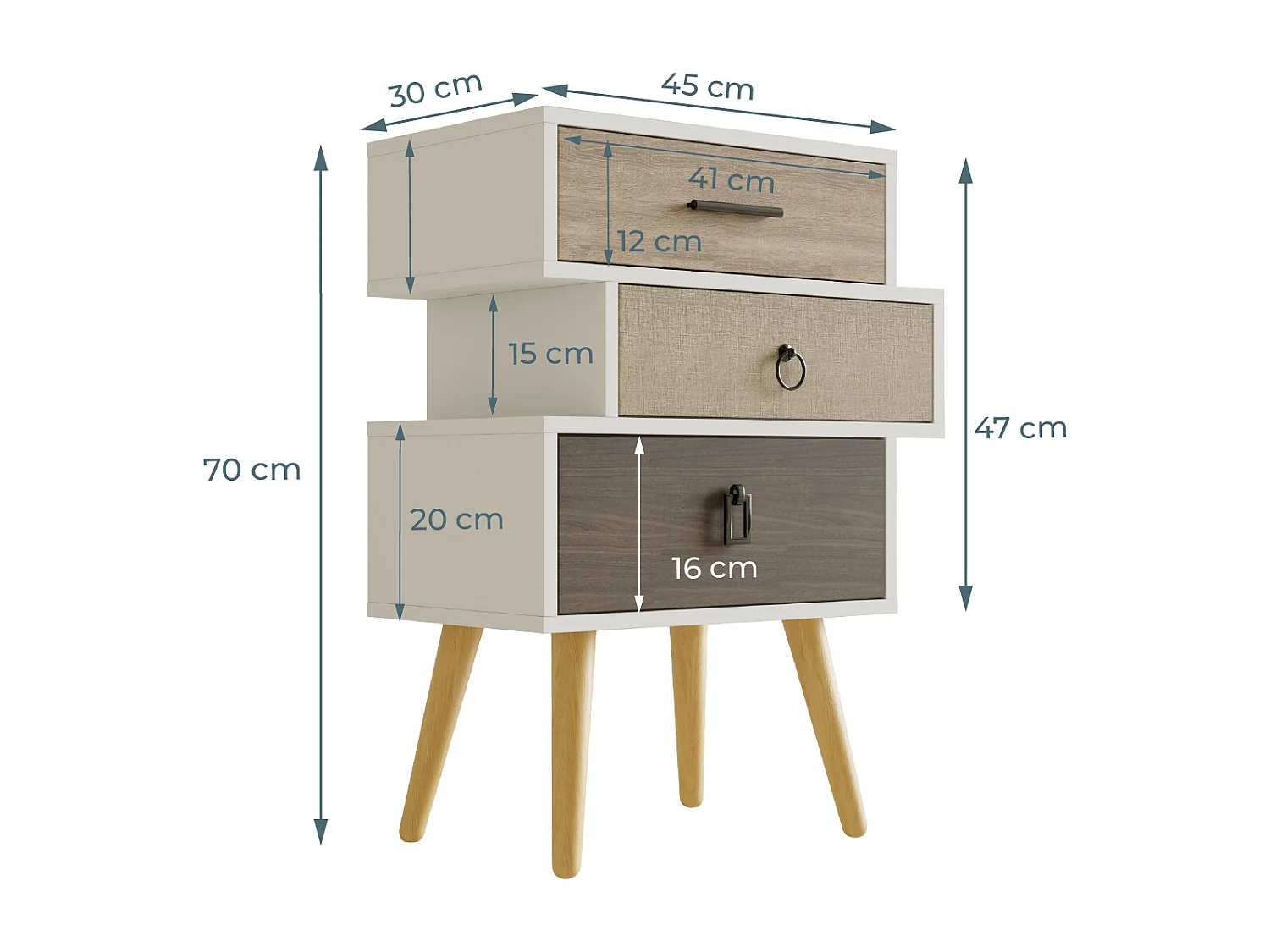 Table de chevet pour Chambre à coucher en Multicolore 52x29,5x68cm Leticia