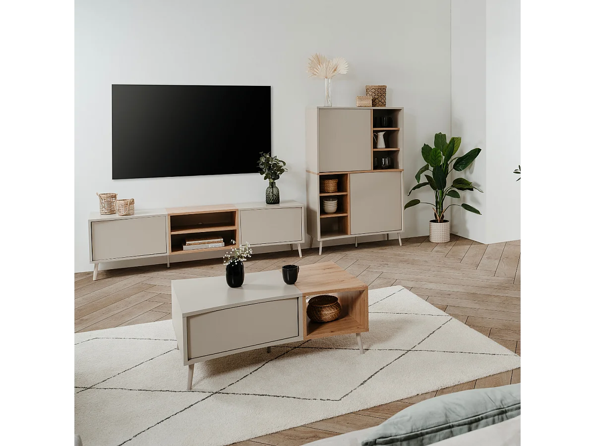 Meuble TV 2 portes décor sable et chêne L175 cm MYR