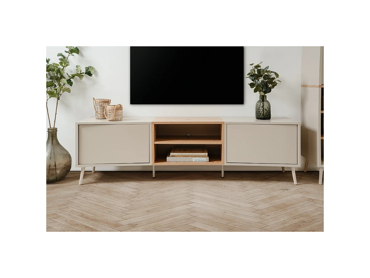 TV-Möbel mit 2 Nischen, 2 Türen in Sand- und Eichenoptik, handgefertigt, L175 cm - MYR