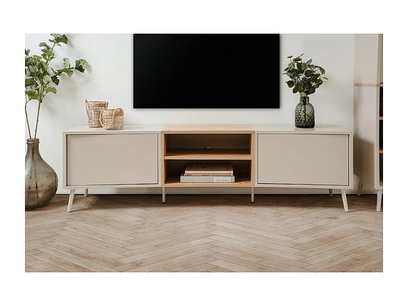 Meuble TV 2 portes décor sable et chêne L175 cm MYR