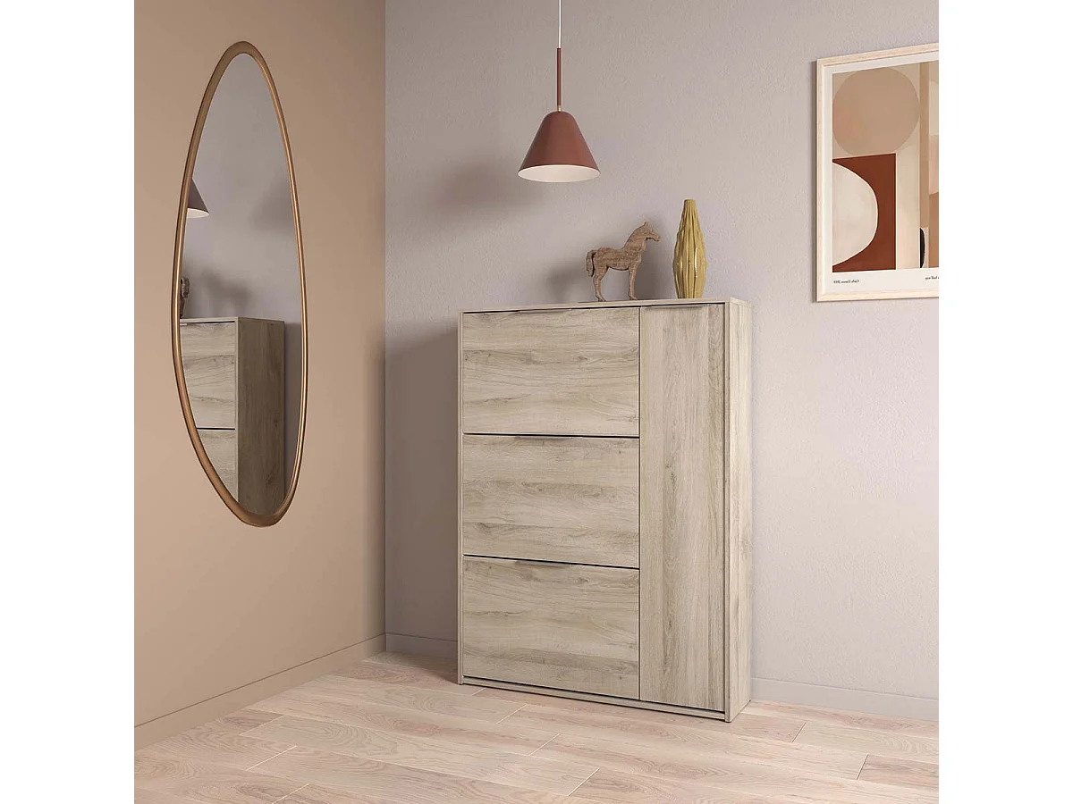 Meuble à chaussures 3 abattants 1 porte couleur chêne - Largeur 90,7 x Profondeur 26,1 x Hauteur 122,9 cm