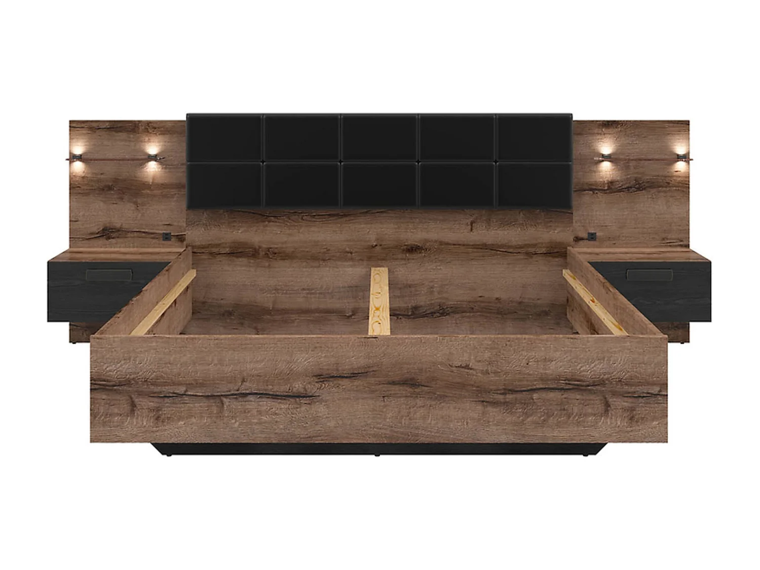 Lit double 180x200 + 2 tables de chevet éclairage LED coloris Chêne marron foncé/Chêne noir - Longueur 206 x Profondeur 185-285 x Hauteur 42-98,5 cm