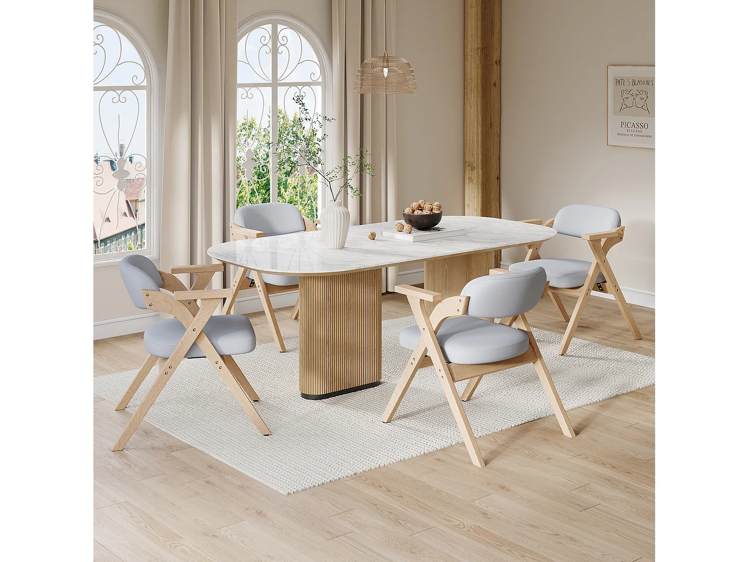 Set van 4 opvouwbare eetkamerstoelen met massief houten frame en linnen kussen – grijs