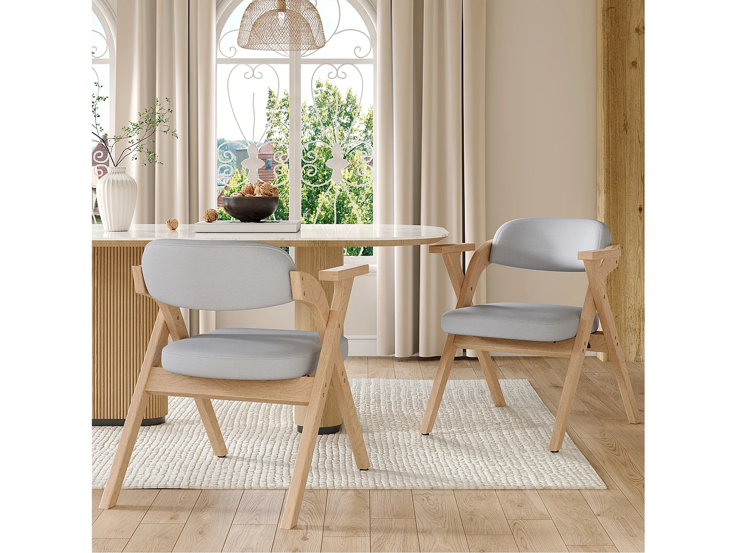 Set van 4 opvouwbare eetkamerstoelen met massief houten frame en linnen kussen – grijs