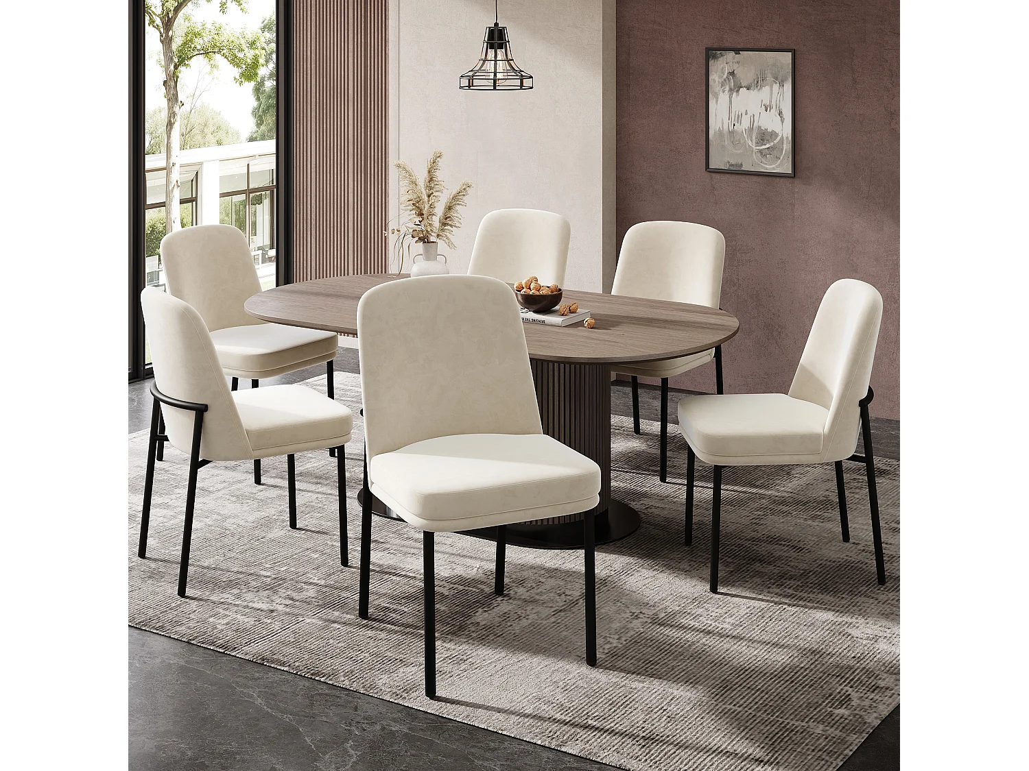 Lot de 6 chaises de salle à manger rembourrées en velours avec cadre métallique noir - velours beige