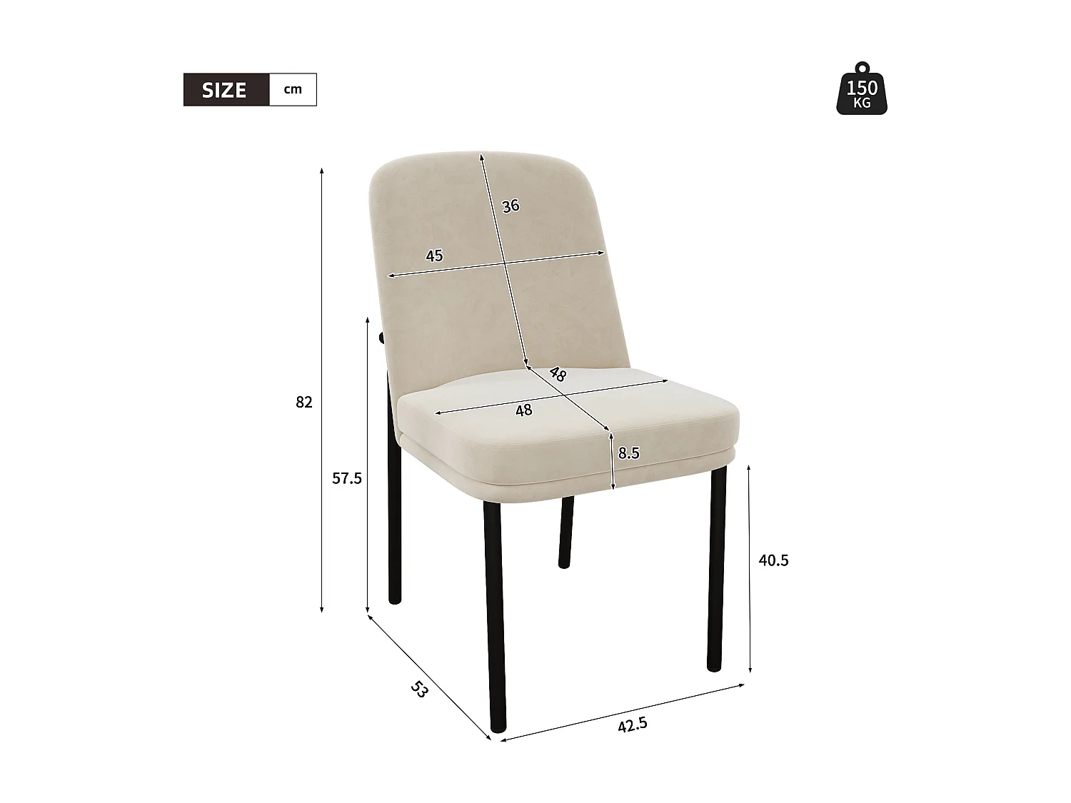 Lot de 6 chaises de salle à manger rembourrées en velours avec cadre métallique noir - velours beige