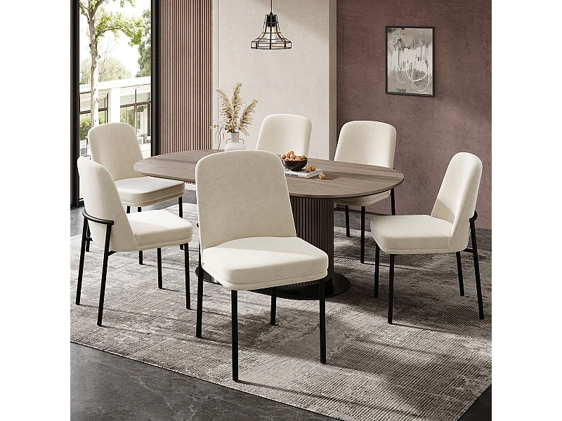 Lot de 6 chaises de salle à manger rembourrées en velours avec cadre métallique noir - velours beige
