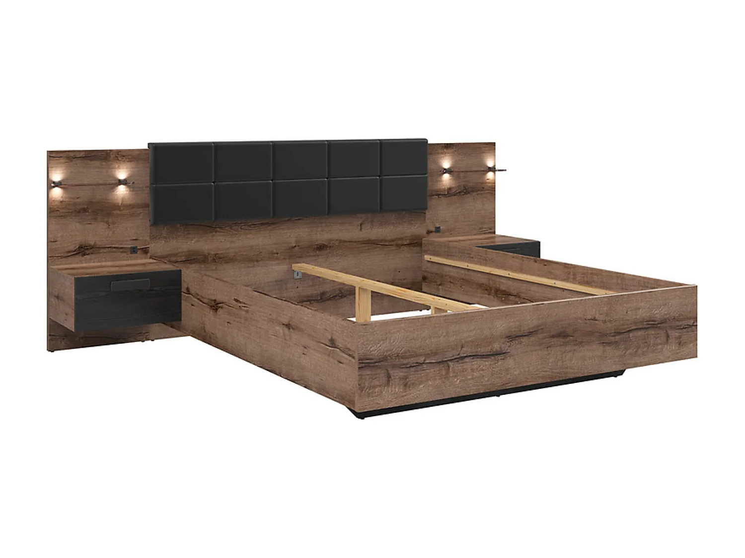 Lit double 160x200 + 2 tables de chevet éclairage LED coloris Chêne marron foncé/Chêne noir - Longueur 206 x Profondeur 165-265 x Hauteur 42-98,5 cm