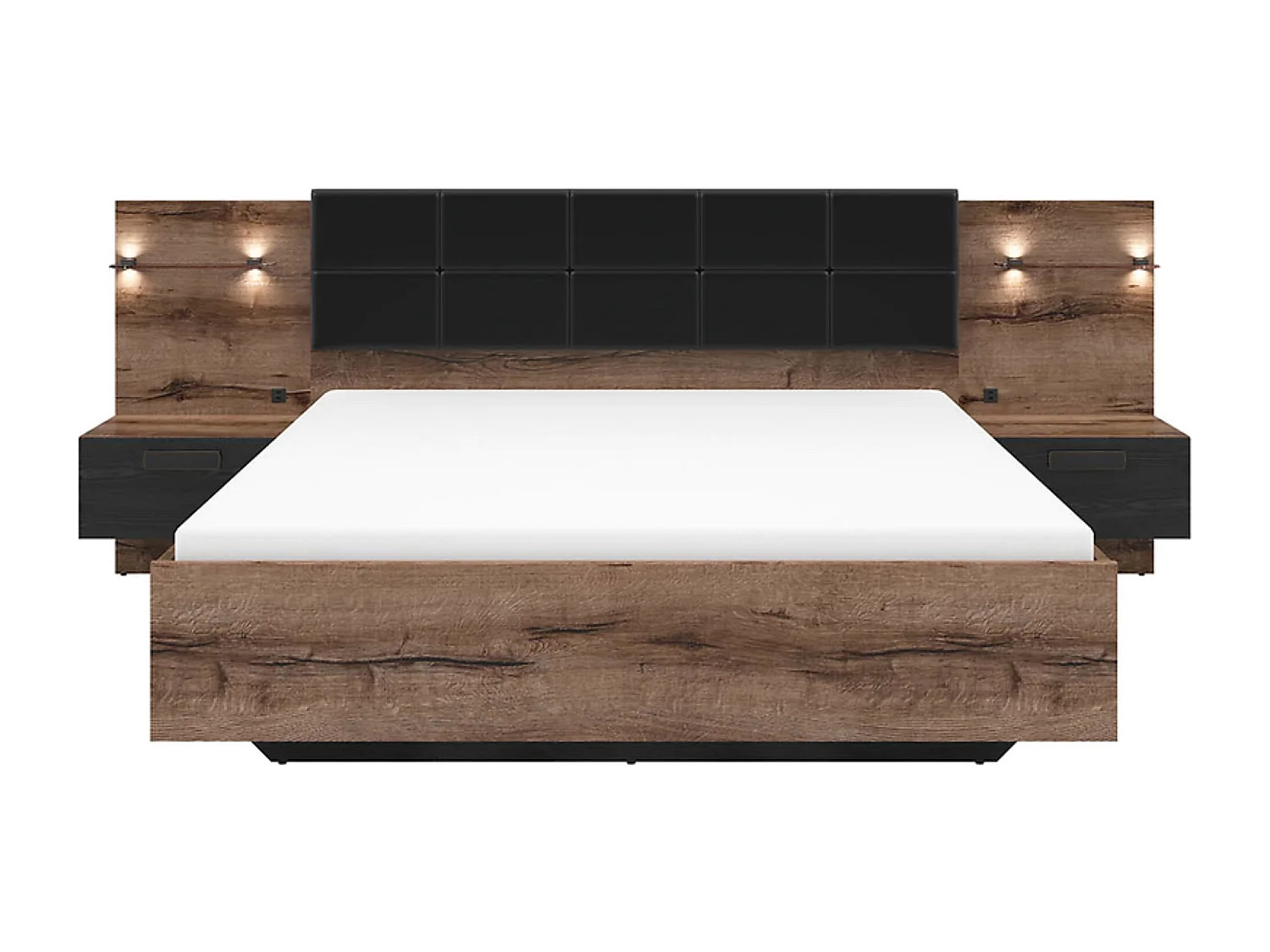 Lit double 160x200 + 2 tables de chevet éclairage LED coloris Chêne marron foncé/Chêne noir - Longueur 206 x Profondeur 165-265 x Hauteur 42-98,5 cm