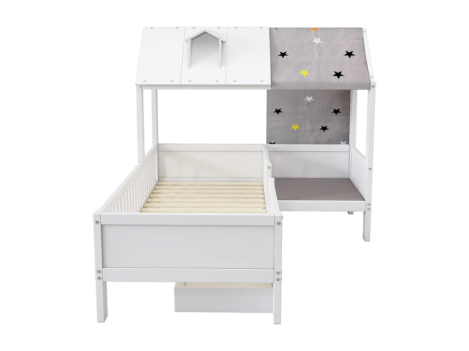 Łóżko domek 90x200 cm dla dzieci z szufladami i stelażem – drewno – białe – bez materaca