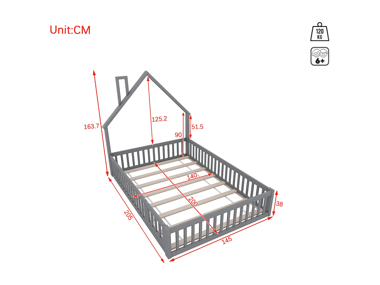 Lit cabane 140x200 cm lit enfant avec barrières de sécurité et sommier à lattes - gris - sans matelas