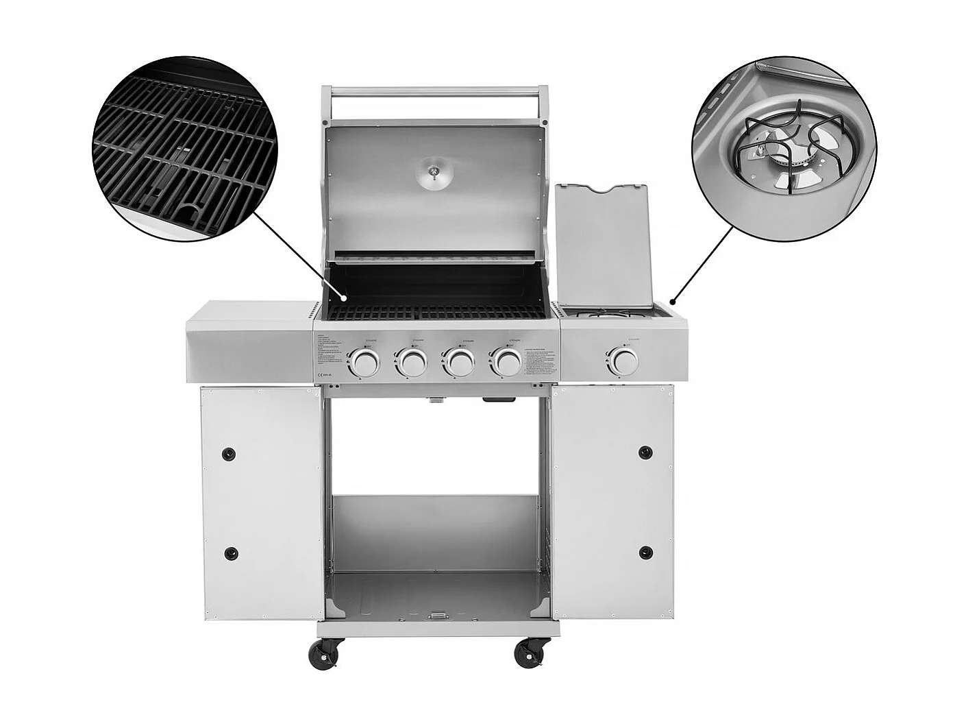 Barbacoa de gas de acero inoxidable con 5 quemadores incluido 1 quemador lateral "Brazzo" - 118 x 57 x 104 cm - Gris claro