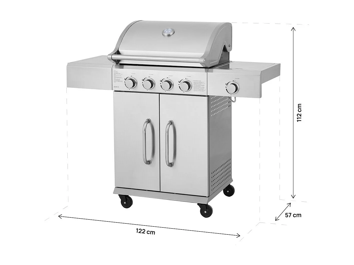 Barbacoa de gas de acero inoxidable con 5 quemadores incluido 1 quemador lateral "Brazzo" - 118 x 57 x 104 cm - Gris claro