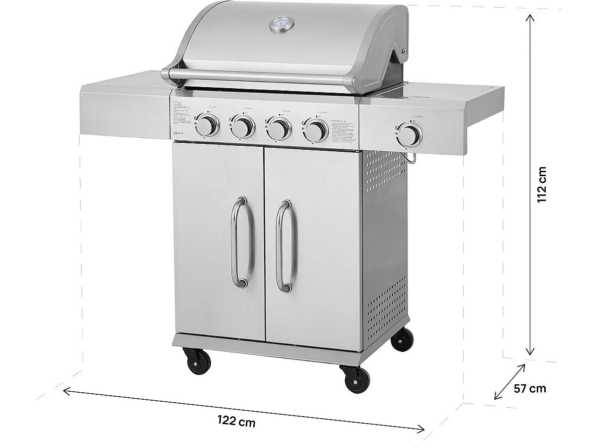 Barbecue gaz en inox avec 5 brûleurs dont 1 latéral "Brazzo" - 118 x 57 x 104 cm - Gris clair