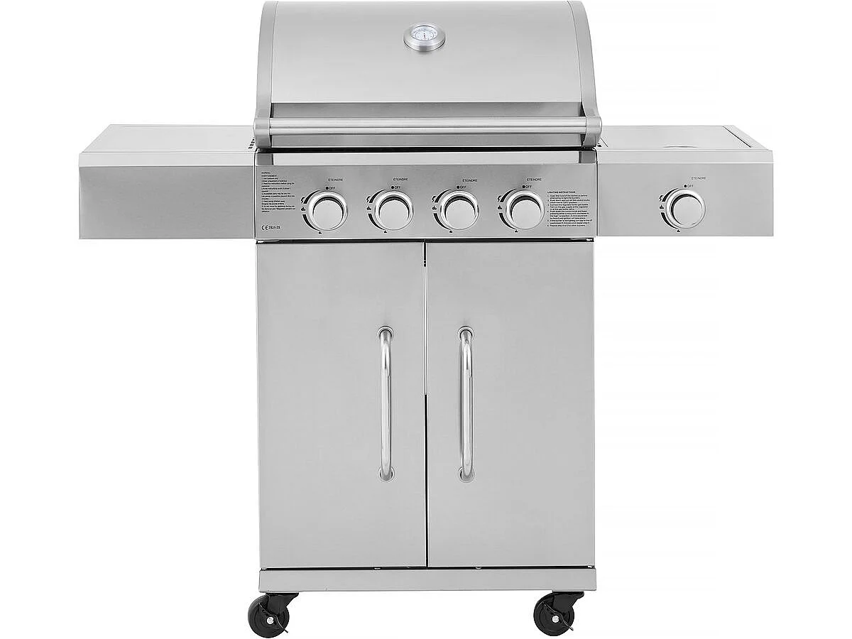 Barbecue gaz en inox avec 5 brûleurs dont 1 latéral "Brazzo" - 118 x 57 x 104 cm - Gris clair