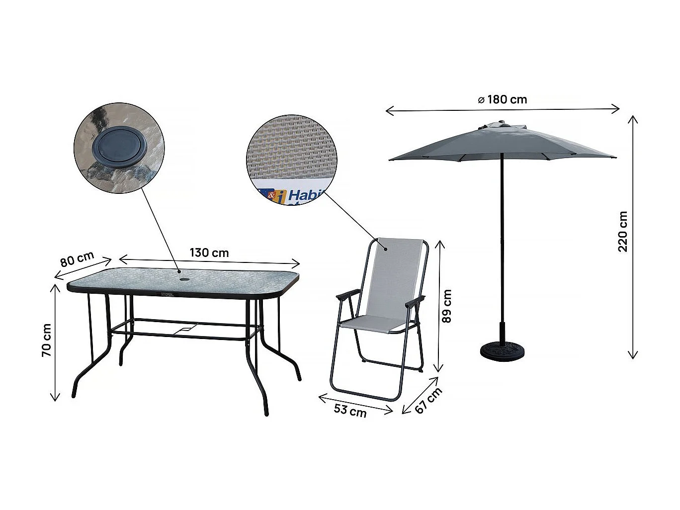 Salon de jardin repas avec parasol en métal "Convivia" - 6 places - Gris clair