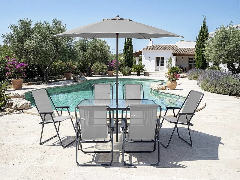 Salon de jardin repas avec parasol en métal "Convivia" - 6 places - Gris clair