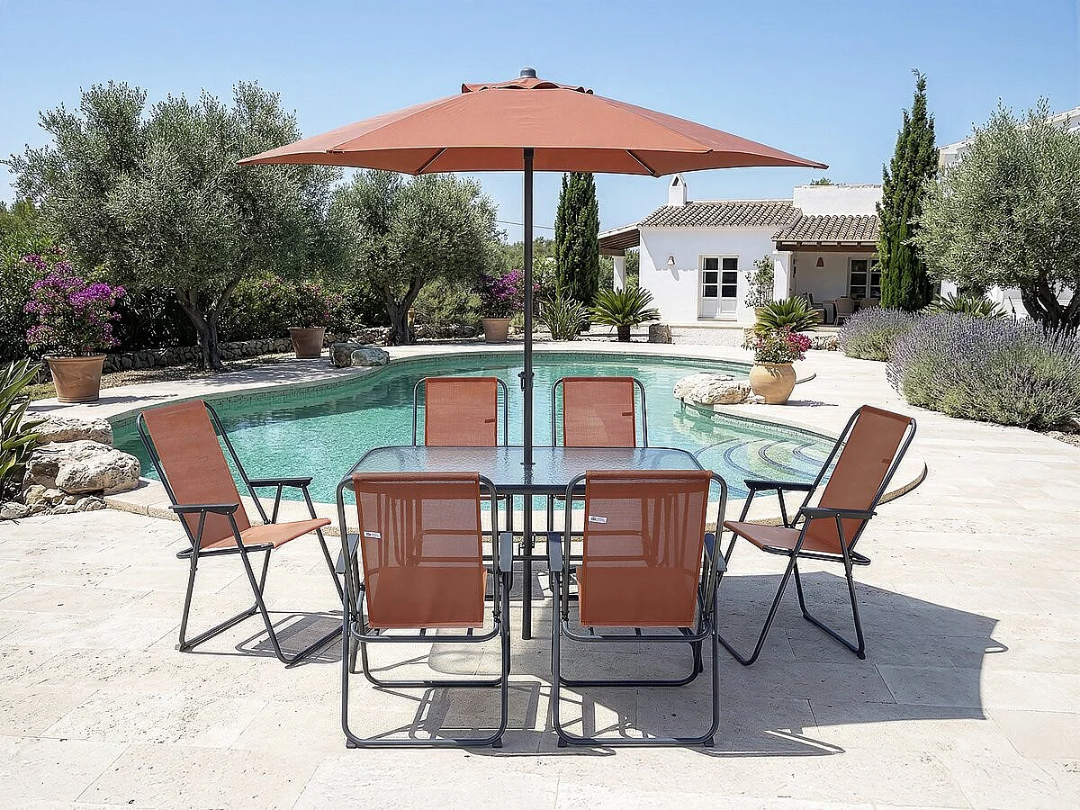 Salon de jardin repas avec parasol en métal "Convivia" - 6 places - Terracotta