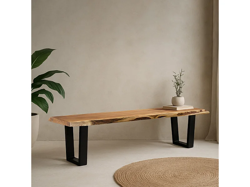 Banc L. 190 cm bois d'acacia et pieds trapèze métal noir - OTTAWA
