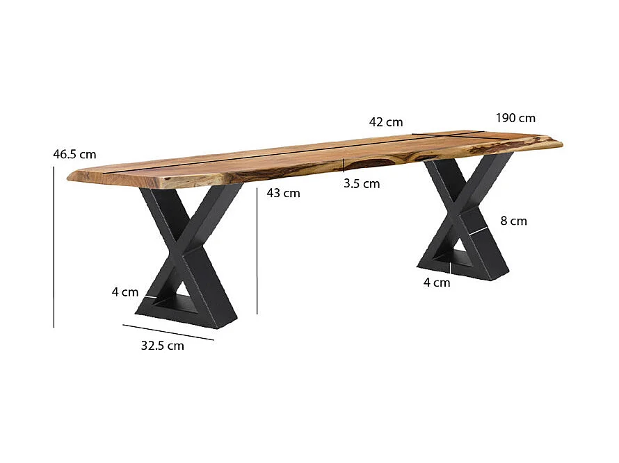 Banc L. 190 cm bois d'acacia et pieds en X en métal noir - OTTAWA
