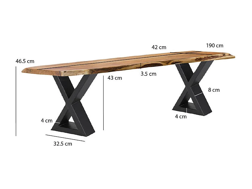 Banc L. 190 cm bois d'acacia et pieds en X en métal noir - OTTAWA