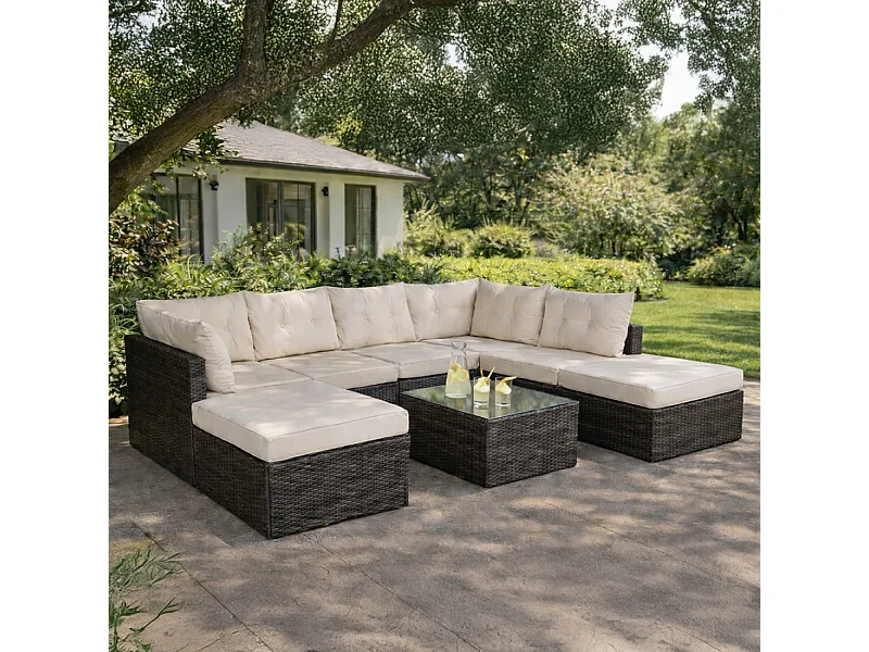 Salon de jardin 8 places en résine tressée marron et beige YANUCA