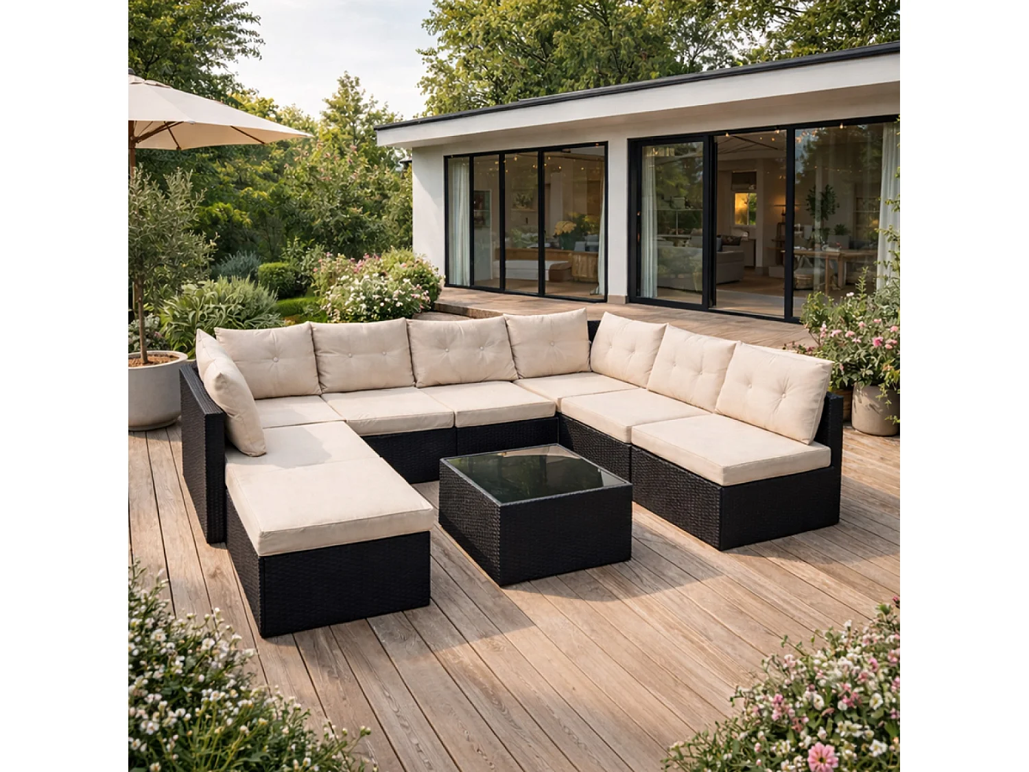 Salon de jardin 8 places en résine tressée noir et beige YANUCA