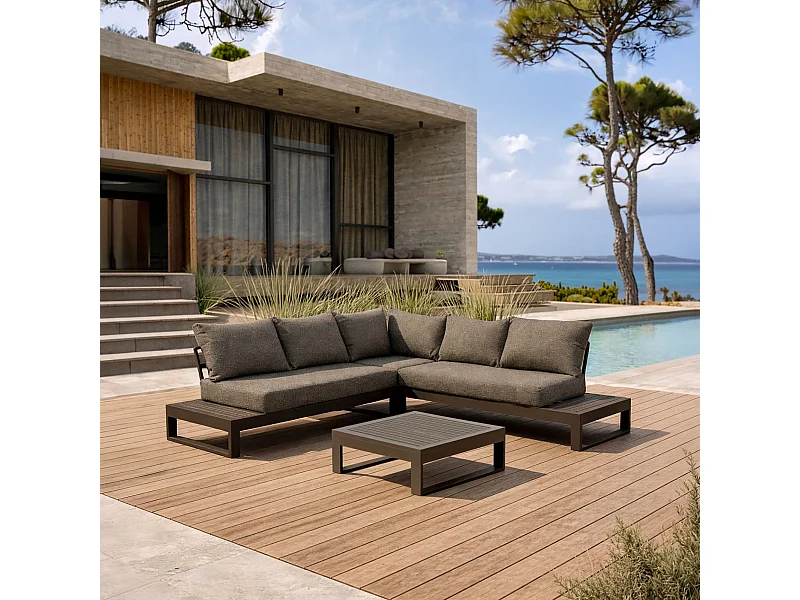 Now's Home - Salon De Jardin D'angle 5 Places En Aluminium Et Tissu Moka Madrague