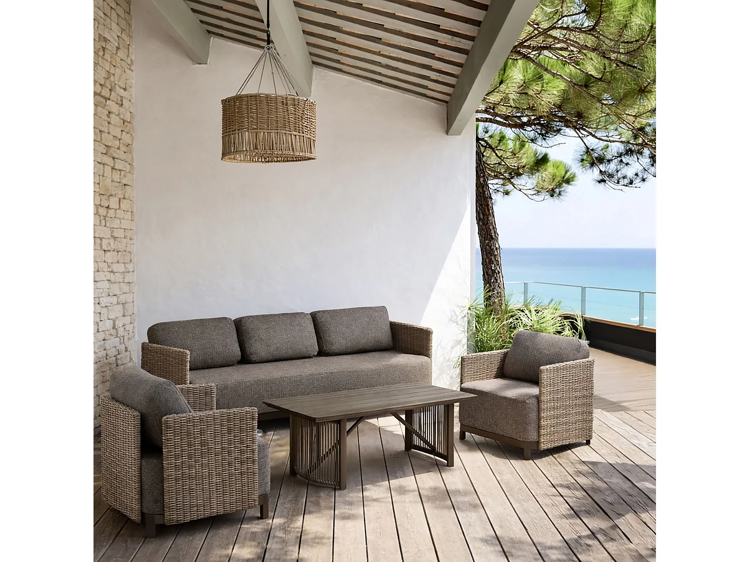 Now's Home - Salon De Jardin 4 Places En Aluminium Et Tissu Moka Madrague