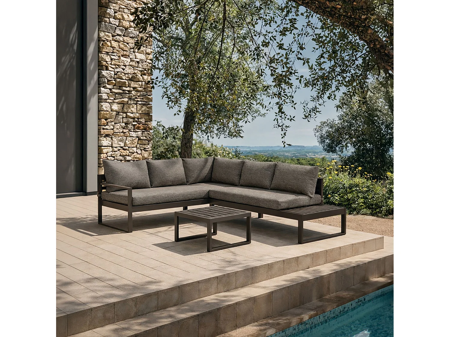 Now's Home - Salon De Jardin D'angle Structure Aluminium Et Tissu Moka Pisa