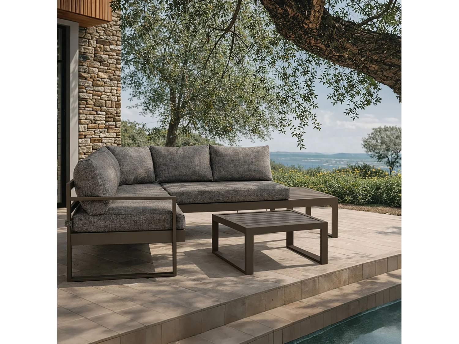 Now's Home - Salon De Jardin D'angle Structure Aluminium Et Tissu Moka Pisa