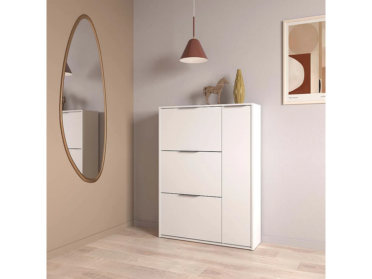Meuble à chaussures 3 abattants 1 porte couleur blanc mat - Largeur 90,7 x Profondeur 26,1 x Hauteur 122,9 cm
