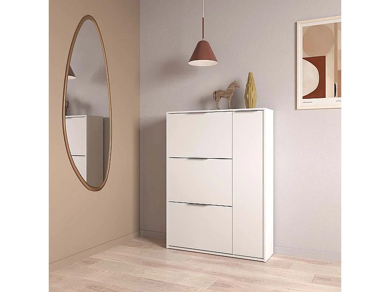 Meuble à chaussures 3 abattants 1 porte couleur blanc mat - Largeur 90,7 x Profondeur 26,1 x Hauteur 122,9 cm