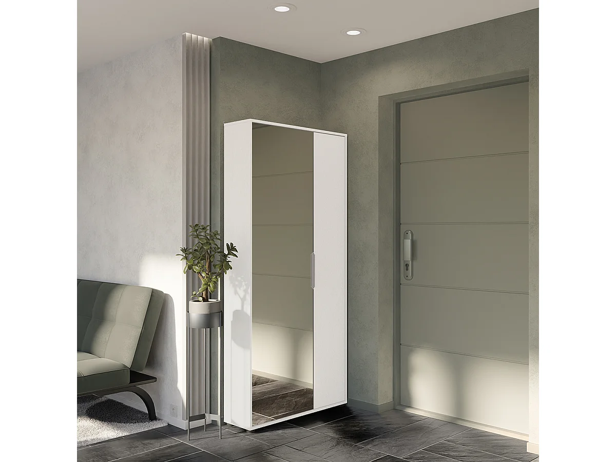 Armoire meuble à chaussures 2 portes avec un miroir couleur blanc mat Longueur 82,8 x Profondeur 23,9 x Hauteur 178,4 cm
