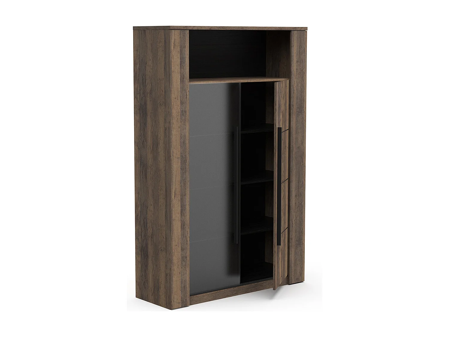 Vitrine meuble de rangement 2 portes couleur chêne foncé / noir - Largeur 114 x Profondeur 39,6 x Hauteur 175,8 cm